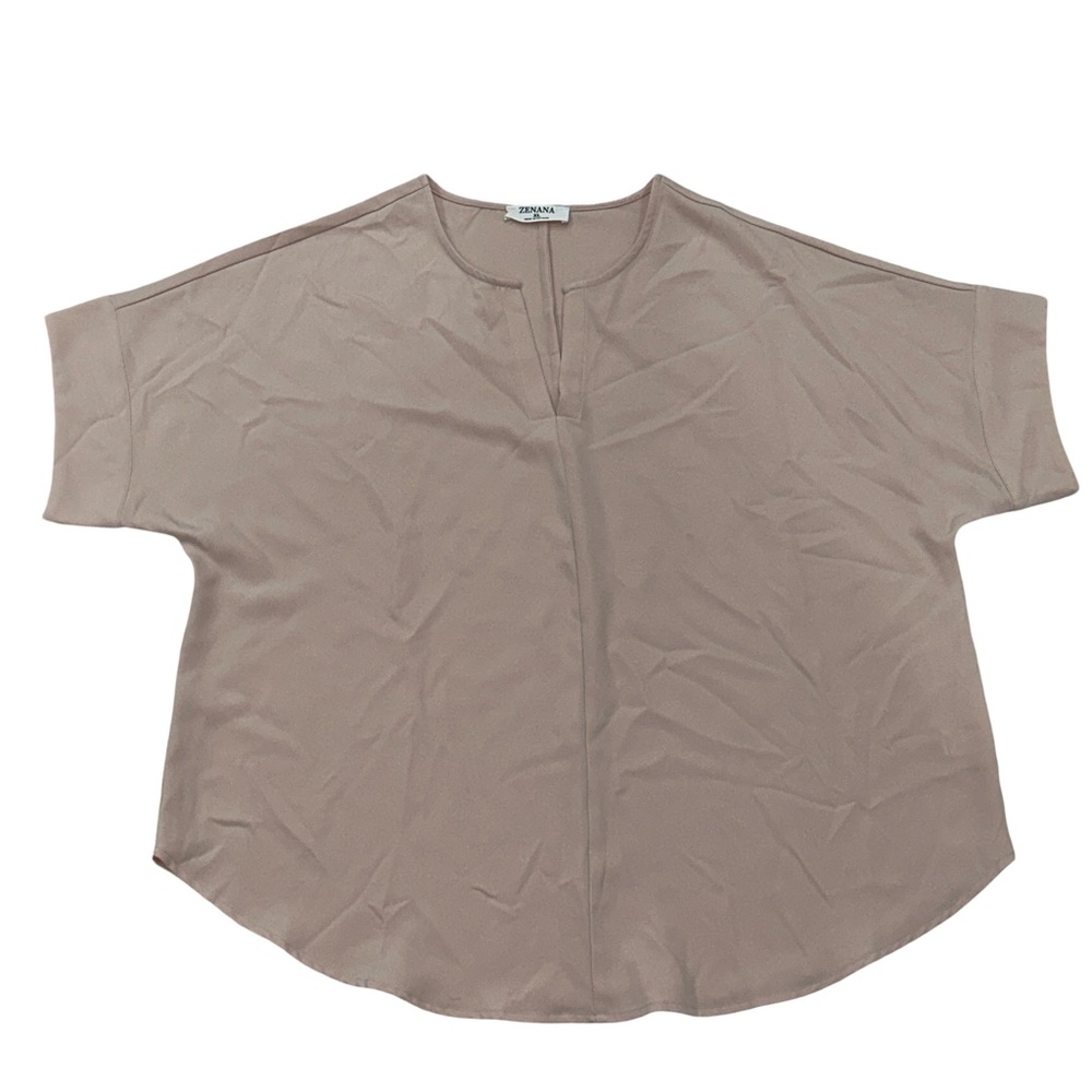 Zenana Taupe Split Neck Short Sleeve Top XL Soft Flowing Fit